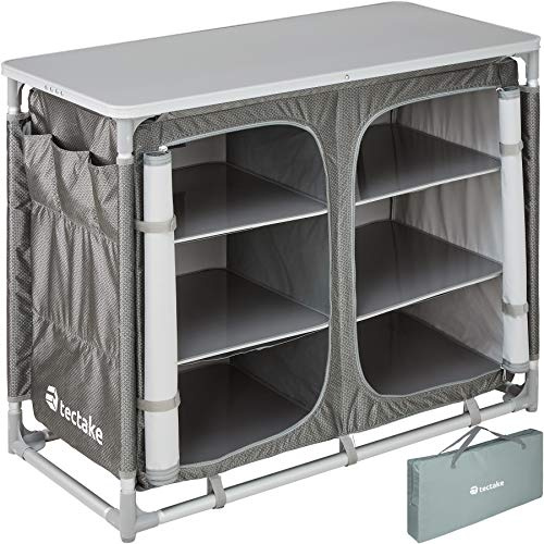tectake® Meuble de Rangement Cuisine de Camping Luxueuse Pliable en Aluminium, avec 6 Étagères, Plan de Travail, Pieds réglables, Sac de Transport Inclus, Stockage pour Vaisselle, Accessoires Cuisine
