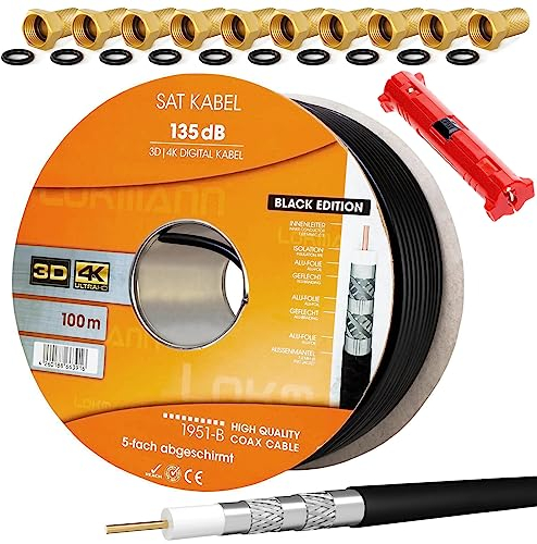 HB-Digital Set 100m de câble coaxial Sat 135db + 10x F-Plug plaqué Or + 1x Wire Stripper | CCS Câble d'antenne Satellite en cuivre 5 Plis blindé pour systèmes Radio DVB-S/S2 -C/C2 -T/T2 Dab+.