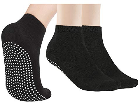 NEWCHAO Halkfria strumpor för kvinnor och män, unisex halkskydd yoga strumpor för hem träning strumpor Barre Pilates sjukhus, C: 2 par svart, 37-44