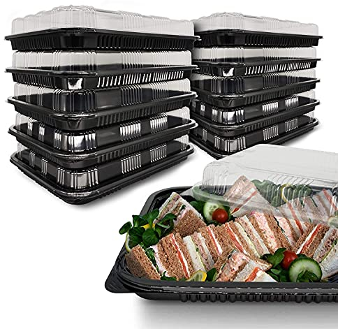 Schlichte Mehrweg Servierplatte mit Deckel (10 STK. à 34 x 24 x 7,5 cm) - Meal Prep Boxen für Partys & Co. - Inklusive Sticker-Etiketten