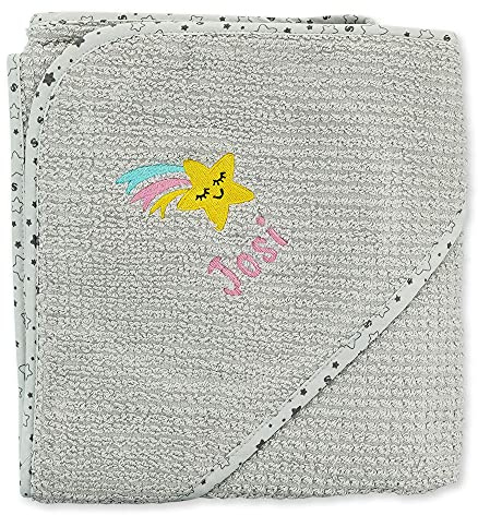 Wolimbo Bio Kapuzenbadetuch - hellgrau Sterne 80x80cm - personalisierbar - Badehandtuch - weiches Babyhandtuch - Geschenk zur Taufe, Geburt - 100% Baumwolle