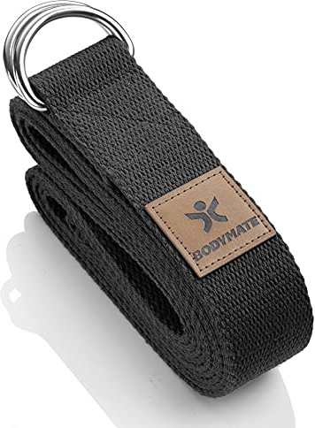 BODYMATE Yogagurt mit Verschluss aus Metall, Yoga-Band für Anfänger und Fortgeschrittene, Yoga-Schlaufe aus 100% Baumwolle, Yoga-Strap 250cm lang und 3,8 cm breit