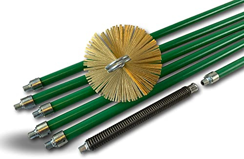 Kit di spazzolatura professionale | Pulizia condotto | Spazzola in acciaio | Ø 125 mm | 8 m in 6 aste verdi autobloccanti Ø 18 mm cave | Molla di avvio | 5*1,4 m + 1*1 m | Camini | Kibros 5KIT125ACO
