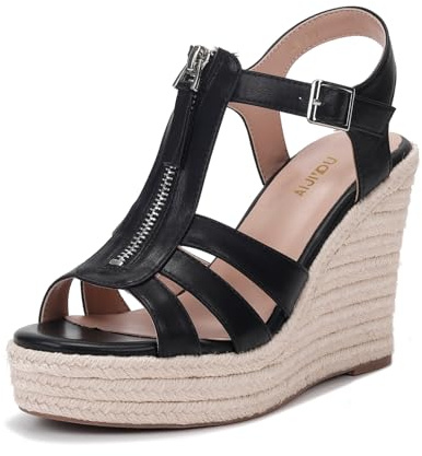 AIJIVOU Classic High Heel Platform Wedge Heels for Women Ankle Strap Round Open Toe Summer Platform Dress Sandals Pumps with Zipper Design for Casual Beach Shopping (Black,9 M US)