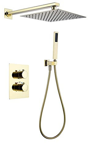 Unterputz Duscharmatur Set, Wandmontage Duschsystem Mit Thermostat Armatur, Gold Komplettes Duschset Mit Brausegarnitur, Regendusche Mit Wandhalterung Und Duschthermostat,MessingköRper Duschset