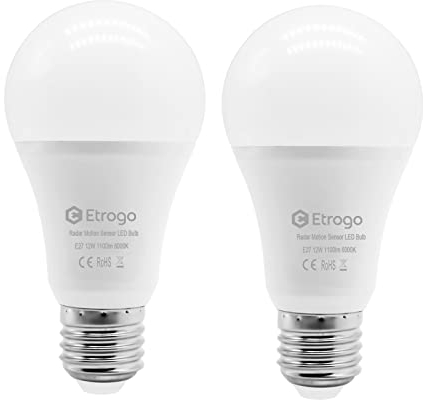 Etrogo Lampadine led E27 con Sensore di Movimento 12W 1100lm Auto ON/OFF per Garage, Portico,Corridoio, Seminterrato (Confezione da 2 Pezzi) (Bianca Calda 3000K)