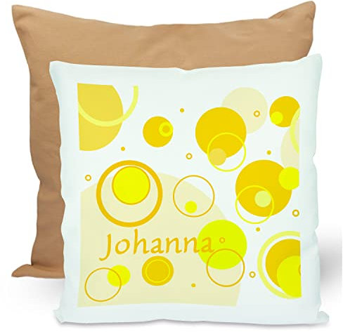 CreaDesign, Kinder Kissen 40x40 cm personalisiert mit Namen, Kinderzimmer Deko Kissen Kinder mit Füllung Federn, Motiv Kreise gelb, Rückenfarbe Beige