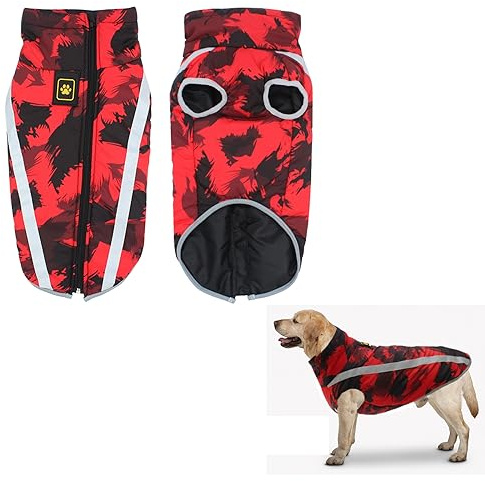 5XL Wasserdichter Hundemantel Warme Winter Jacken Hundesportweste Haustierkleidung mit Geschirr Loch Reflektierenden Streifen Mittel Großer Hund Winddichter Schneeanzug Hundekleidung für Labrador Rot