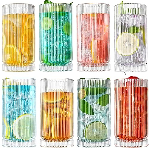 wookgreat Lot de 8 verres à boire style origami - Verres hauts de 445 ml - Verres vintage ondulés élégants - Verres côtelés - Verres rayés - Verres à café glacé pour cocktail, whisky, jus