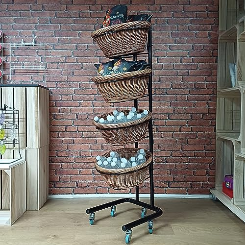 Basket Stand - 4 Tier Wicker Basket Display for Bread, Crisps, Snacks Black Frame (DA1) (With Wheels)