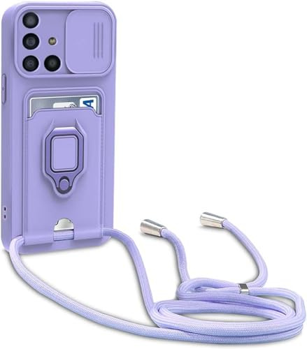 YFSYLL Handykette Schutzhülle kompatibel mit Samsung Galaxy A51 4G Handyhülle mit Band,Silikon Handyhülle Case mit Schiebe Kameraschutz,360 Grad Ringhalter Stand,Kartenfach,Violett