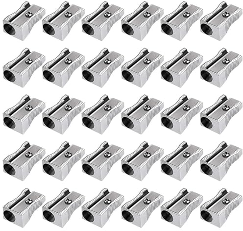 48er-Pack Metall-Bleistiftspitzer, handgehalten, silberfarben, Einzelloch, Handanspitzer aus Aluminiumlegierung, manueller Bleistift