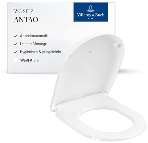 Villeroy & Boch Antao WC-Sitz, D-Form – Weiß Alpin, glänzend | Mit Absenkautomatik, abnehmbar, aus bruchsicherem Duroplast, Original Ersatzteil, 8M67S1R1
