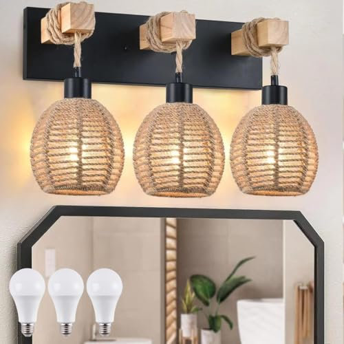 KZT E27 Innen Wandleuchte Vintage Rattan Wandlampe Hanfseil Lampenschirm Industrial Nachttischlampen Wandleuchte aus Handgeflochtenem 3 Flammig Spiegelleuchte für Schlafzimmer Küche Balkon Gang