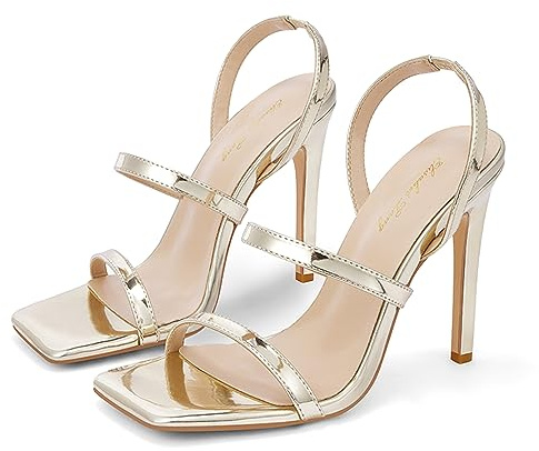 Zhabtuc Eckige Zehen High Heels Stiletto Absätze für Damen, 11CM Offene Zehen Riemenabsätze Damen Sandalen für Party Hochzeit Kleiderschuhe, Gold, 40 EU
