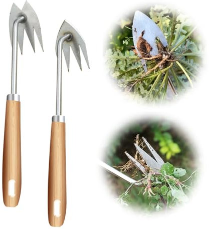 Minging 2 Stück Manueller Unkrautjäter, Unkrautstecher Edelstahl 4-Zahn-Handjäter Löwenzahnstecher Profi Gartenhacke Gartengeräte zum Entfernen von Gartenunkräutern Multifunktionaler Unkrautjäter