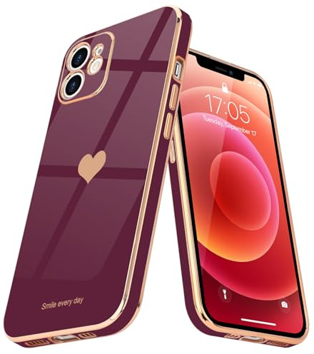 Teageo Lovely Case for iPhone 12, Cute Heart Back, Wine red | Luxury Bling Plating, Soft TPU, Anti-Scratch Shockproof Bumper, for Women Girls, Lovely Heart Pattern
