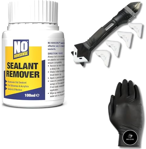 No Nonsense Sealant Remover Kit by BVO Luxe - No Nonsense Sealant Remover 100ml, 5-in-1 Silicone & Caulk Remover Tool, Nitrile Gloves (Colour may vary) - Ideal for Kitchen & Bathroom Repairs.