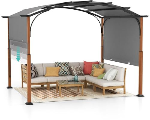 RELAX4LIFE Pergola Jardin Extérieur 3,6x3 M avec Auvent Rétractable, Tonnelle Pergola Métallique avec Toile Réglable Coulissante, Piquets de Sol, Protection UV, Pergola pour Jardin Plage Cour (Gris)