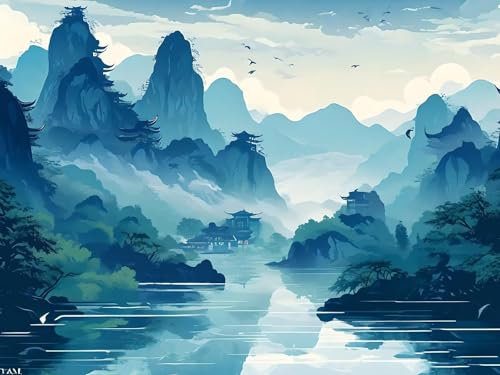 Berglandschaft im chinesischen Stil Malen Nach Zahlen, DIY Set Erwachsene Malen Nach Zahlen, auf Leinwand Acrylmalerei Nach Zahlen mit 3 Pinsel und Acrylfarben Basteln Mädchen Geschenk 30x40cm I-12029