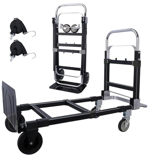 Carro de mano plegable convertible de aluminio, carrito plegable para mudanza con mango retráctil para equipaje de mudanza, capacidad de carga de 600 libras (negro)