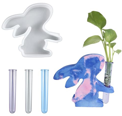 Silikonform Vasen Gießformen Pflanzgefäß Epoxidharz Formen mit 3 Reagenzgläsern Vermehrungsstation Kaninchen Blumenvase fur Hydroponik Pflanzen Stecklinge