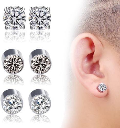 SIRLOMU 3 Pares de Aretes Magnéticos de Acero Inoxidable para Hombres y Mujeres Hipoalergénicos Clip-on Sin Perforación Zirconia (6MM)