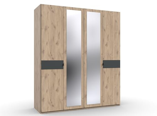 möbelando Drehtürenschrank >Budapest< in Viking-Oak Nachbildung mit Graphit-Absetzungen ? 180 cm Breit, 208 cm Hoch, 58 cm Tief, 4 Türen, 2 Spiegel, 2 Kleiderstangen, 2 Einlegeböden