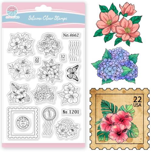 GLOBLELAND Klare Stampl Blumen Briefmarken Transparente Stempel Frühlingsblumen Magnolien Silikonstempel Schmetterling Clear Stamps für für DIY Journal Scrapbooking Fotoalbum Kartenherstellung