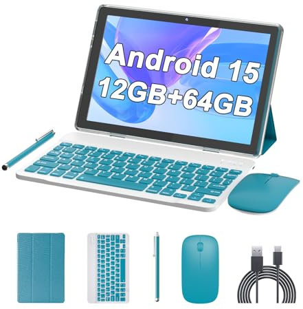 10 Inch Tablet Android 15 Tablets ,2 in 1 tablet With keyboard 12GB RAM+64GB ROM ,tablets 2MP+8MP 6000mAh Battery, Include Keyboard/Mouse/Case/Stylus Pen/Bluetooth 5G Wifi-6 Tableta PC (Navy blue)