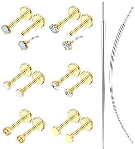 Morfetto 12 Piezas Piercing Oreja Acero Quirúrgico Hipoalergénico - Piercing Tragus, Helix, Nariz, Labio Or con Circonitas y Bolas de Ópalo - Stud Pendientes para Mujer y Hombre 18G