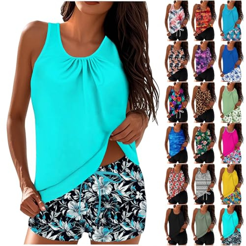 Generisch Tankini Damen Bauchweg Bademode Set Freizeit Badeanzug Tankinis Zweiteiler Sets Sommer Elegant Badeanzüge für Damen Oberteil mit Badeshorts Schwimmanzug Badebekleidung Strandmode