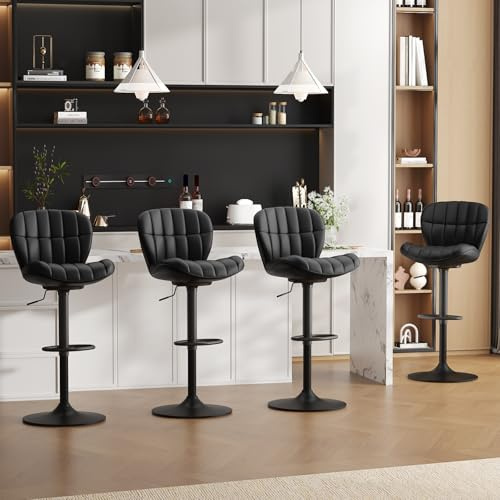 Ckaff Barhocker 4er Set, Barstuhl höhenverstellbar aus PU-Leder, 360°Drehstuhl Küchenstuhl mit Rückenlehne und Fußstütze für Küche, Wohnzimmer, Esszimmer, Bar, Schwarz