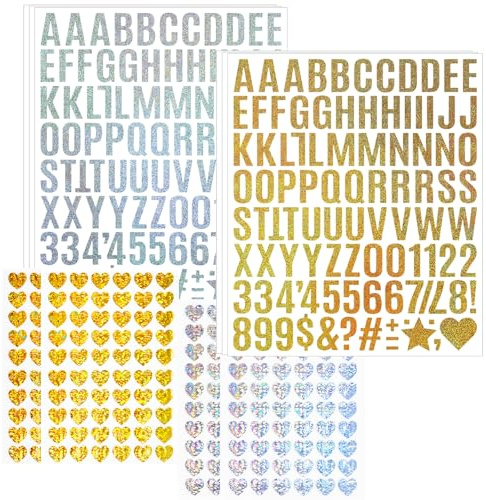 880pcs Silver & Gold Letter Stickers, 10 Sheets with 1 Inch Alphabet & Number, 0.5 Inch Heart for Scrapbooking, Gifts | Glitter Self-Adhesive Scrapbook Stickers