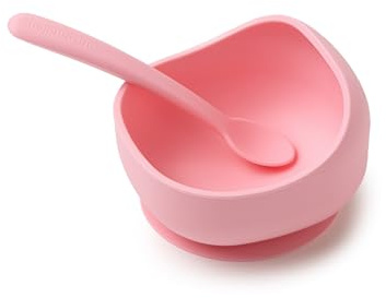 Muchmellow - Set Pappa Silicone MADE IN ITALY 2 Pezzi, Ciotola con Ventosa Anticaduta, Cucchiaio Morbido, Svezzamento, Plastic Free, BPA Free, Lavabile Lavastoviglie (Rosa)