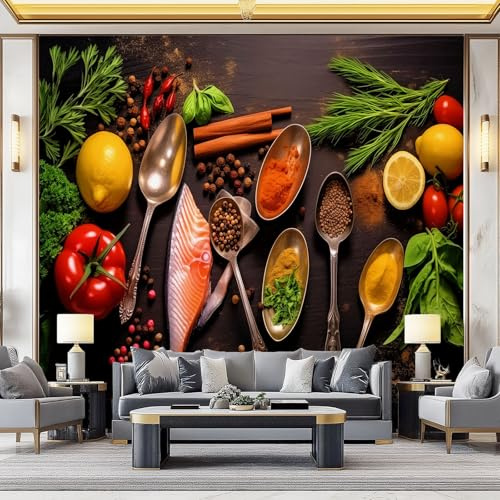 3D Food Style Wall Mural Wallpaper Non-Woven for Living Room, Bedroom, Children's Room – Large Photo Wallpaper for Tv Background,Dining Room Fresh Food Spices Fruits and Vegetables 300 x 210 cm