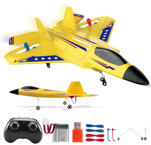 Fremego RC Flugzeug RTF,2.4Ghz Ferngesteuertes Flugzeug für Anfänger Gelb | mit 2 Akkus,LED-Lichtern, Kampfflugzeuge Flugzeug Spielzeug Flugzeug Ferngesteuert für Kinder Erwachsene