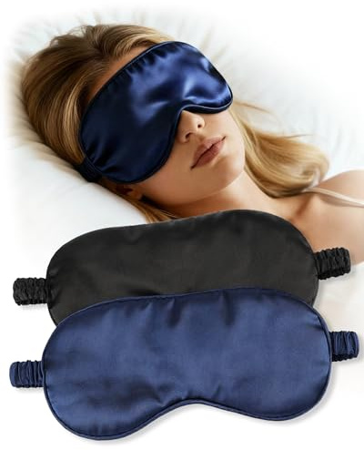 lulir Mascherina per Dormire, 2 Pezzi Maschera per Dormire in Seta Morbida, Leggera e Traspirante, Ideale per Viaggi, Pisolini e Blocco Luce, per Uomo e Donna, Nero e Blu Scuro