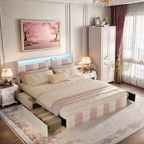 PerGar Doppelbett 140x200 cm, LED Polsterbett mit USB Ladefunktion & Stauraum Kopfteil, Bett mit 4 Schubladen, Stauraumbett Jugendbett Bettgestell mit Lattenrost, Samt, Ohne Matratze, Weiß+Rosa