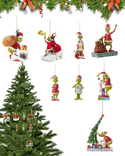 Yotlein 9 Stück Grinch weihnachtsdekorationen, Grinch Hängende Ornament, Flacher 2D-Grinch-Christbaumschmuck, Urlaubsatmosphäre Dekorationen, Christbaumschmuck für Zuhause Festliche Partys