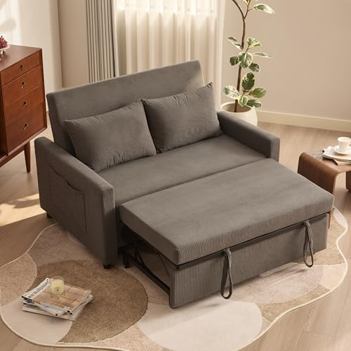 Litbird Schlafsofa 2-Sitzer, 3-in-1 ausziehbares Sofa Bett, Cordstoff Schlafcouch mit Verstellbarer Rückenlehne und Seitentaschen, für Wohnzimmer und Gästezimmer,Grau