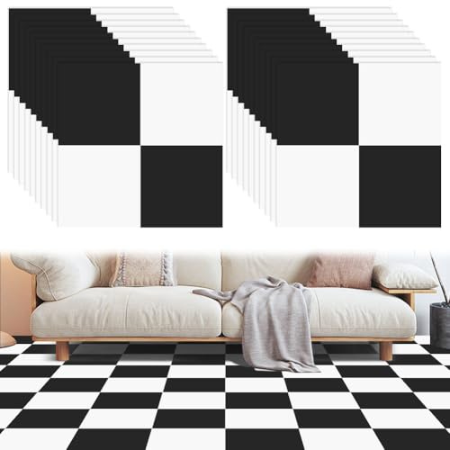 20 stycken PVC-golvbeläggning självhäftande, 30 x 30 cm vinyl golvklistermärken, svartvit schackbrädesdesign, vattentät och halkfri självhäftande golvplattor för kök, badrum, vardagsrum
