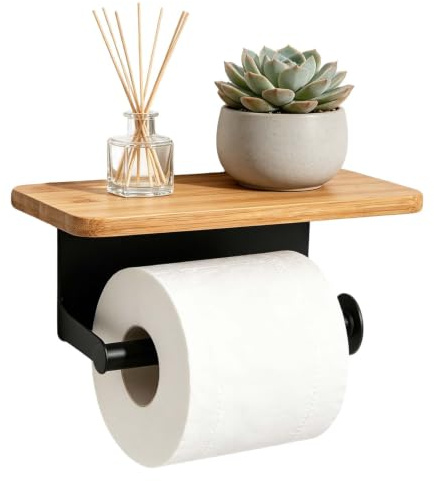 Toilettenpapierhalter ohne Bohren mit Bambus Ablage, Klopapierhalter Wandmontage, Klorollenhalter Selbstklebend, WC Papier Halterung Fuer Badezimmer