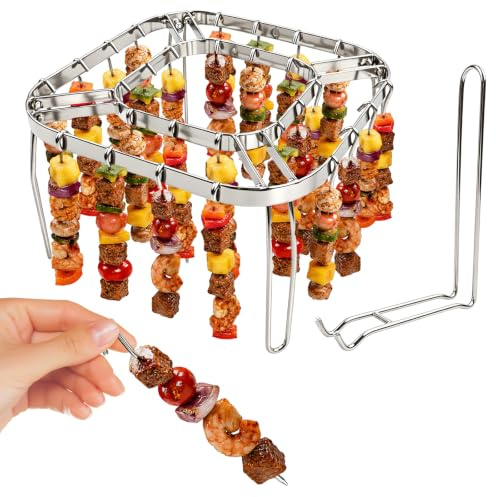Estante para freidora de aire de acero inoxidable 304 con 36 pinchos y abrazadera de elevación | Abrazadera de elevación Ninja BBQ soporte para kebabs, mariscos, maíz, verduras (cuadrado 15,5 cm) escaldado