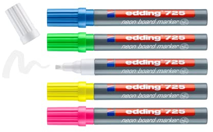 edding 725 neon board marker - Set mit 5 Neonstiften - Meißelfeder 2-5 mm - Whiteboard, Kreidetafel, Glas, Spiegel - für leuchtende Markierungen in dunklen Räumen, dunklen Oberflächen