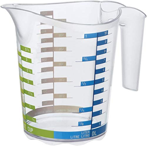 Rotho Domino Taza de medir 1l con escala, Plástico (PP) sin BPA, transparente, 1l (18.5 x 12.4 x 15.7 cm)