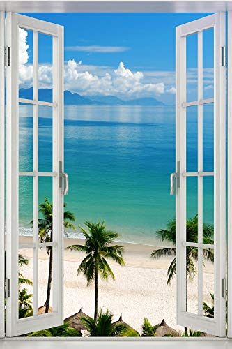 Poster Fenster zum tropischen Palmenstrand - Größe 61 x 91,5 cm - Maxiposter