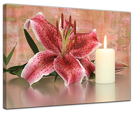 Keilrahmenbild - Lilienblüte mit Kerze - Bild auf Leinwand 120 x 90 cm - Leinwandbilder Bilder als Leinwanddruck Pflanzen & Blumen Zeichnung - rötliche Lilie
