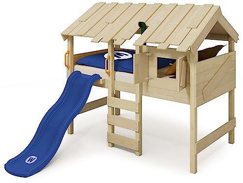 Wickey Kinderbett Hochbett Crazy Lagoon aus Massivholz mit Blauer Rutsche, Hausbett mit Fenster 90 x 200 cm, Etagenbett mit Spielzeugzubehör für Kinder