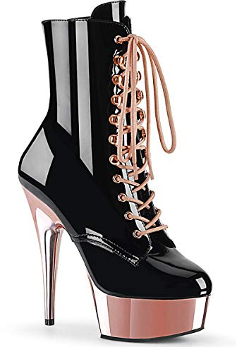 Pleaser Dam Delight-1020 kort skaft stövlar, Blk Pat Roséguld Krom, 40 EU
